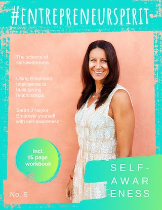 Woman in white dress smiling beside text about self-awareness and emotional intelligence, with hashtag #EntrepreneurSpirit.