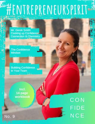 A woman in a red shirt stands in front of a colosseum. Text reads "#EntrepreneurSpirit. Incl. 14 page workbook. Mr. Derek Smith: Cooking up Confidence, Connection & Chemistry. Confidence.