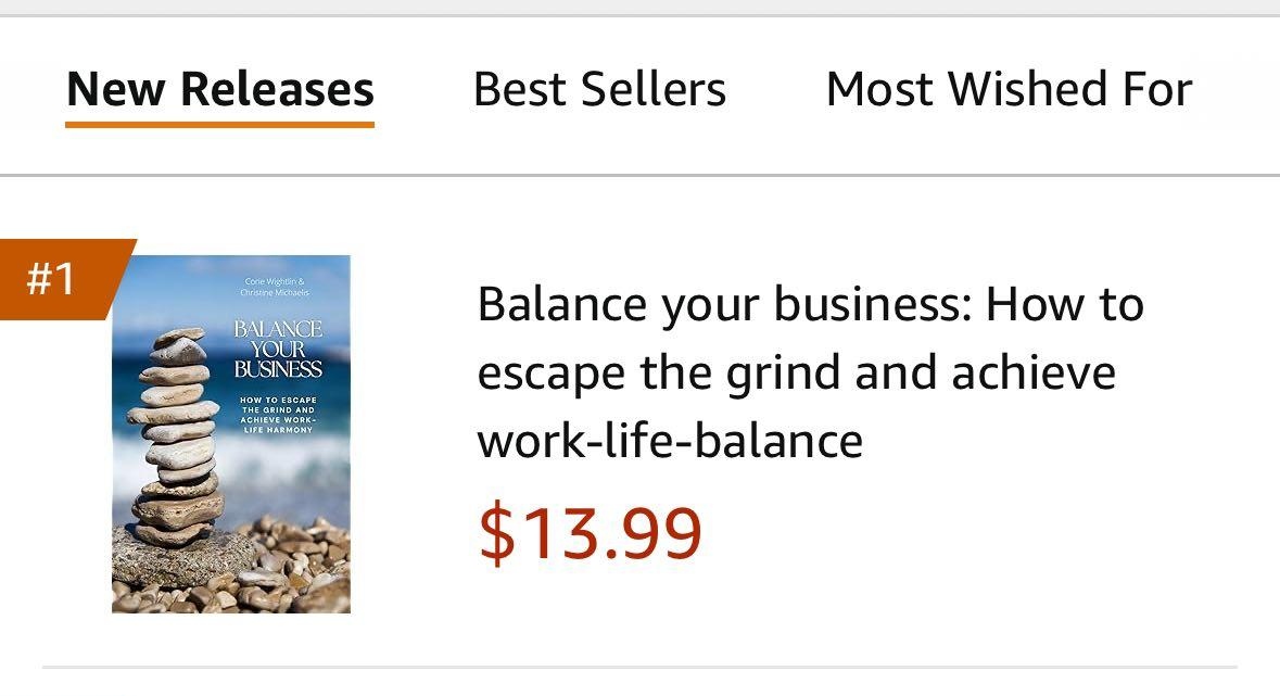 Screenshot of a book listing titled "Balance your business: How to escape the grind and achieve work-life-balance" priced at $13.99, marked as #1 in New Releases.