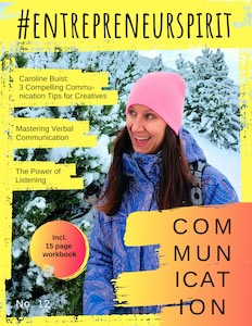 A woman in winter attire stands in a snowy setting on the cover of a magazine titled "Entrepreneur Spirit." The issue highlights communication tips, verbal communication, and listening.